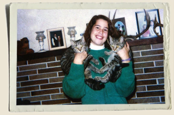 Heather Piper with her cats Vega and Deneb 