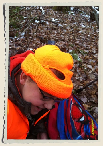 Kyle's hat inside out hunting Aunt Heather PIper 11-26-12 Kyle's hat inside out hunting Aunt Heather PIper 11-26-12