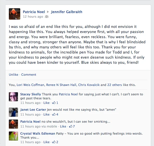 Jen Galbraith Facebook Post from Patty friends Aunt Heather Piper