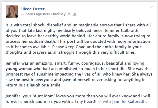 News of Jens death FB Aunt Heather Piper