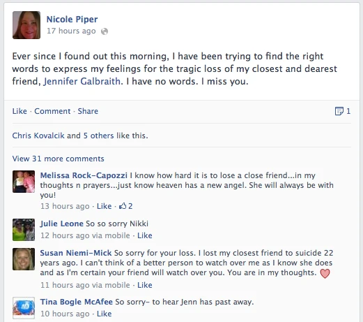 Nicoles Facebook Post on Jens Death Aunt Heather Piper