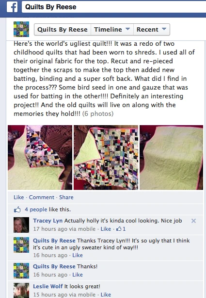 Quilts by Reese Facebook Post Ugly Quilt Aunt Heather Piper