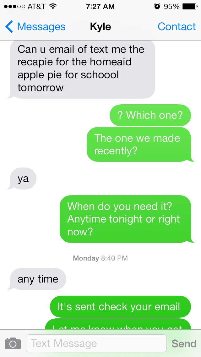Kyle & my text he needs work on his spelling- Aunt Heather Piper