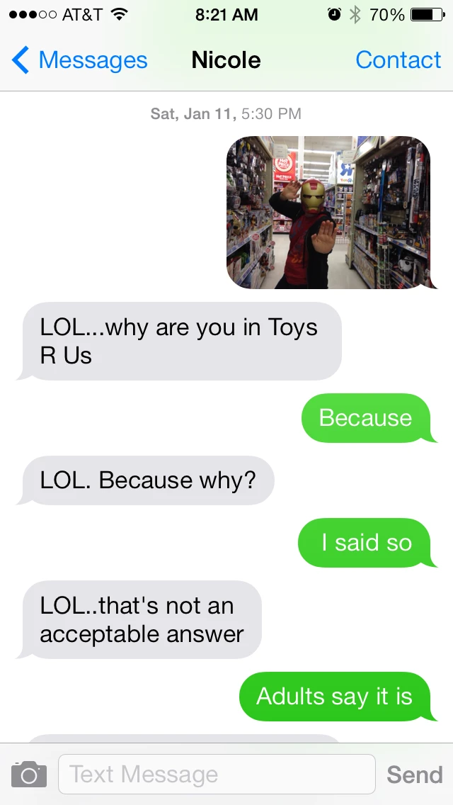 Aunt Heather Piper as Iron Man Kyle texting Aunt Nikki 1-11-2014
