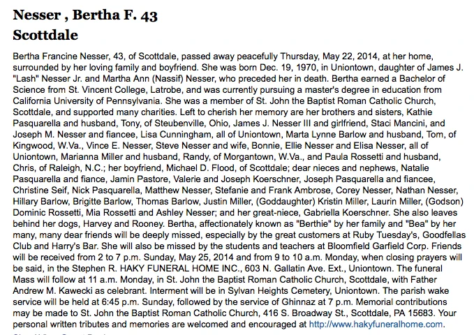 Bertha Nesser Obituary Aunt Heather Piper