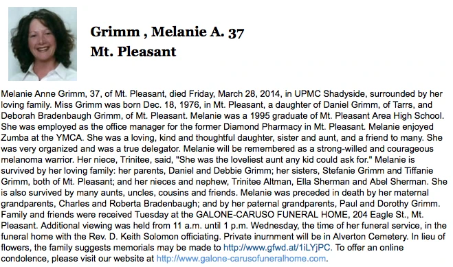 Melanie Grimm Obituary Aunt Heather Piper